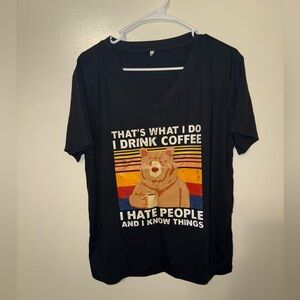 Black Graphic T-Shirt with Bear and Coffee Design